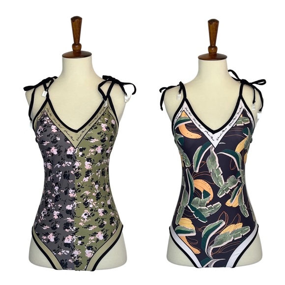 Boho Green & Black Floral Reversible Swimsuit with Shoulder Ties - Picture 4 of 16